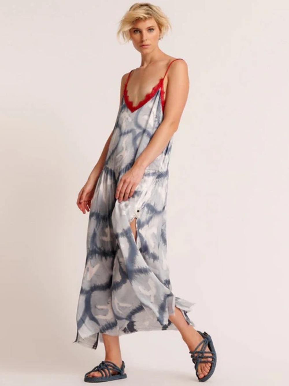 One Teaspoon Blue Tie-Dye Slip with Red Lace